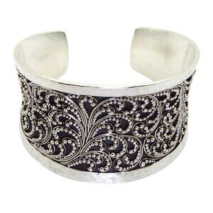 Lois Hill Sterling Silver Wide Filigree Granulated Scroll Design Cuff Bracelet